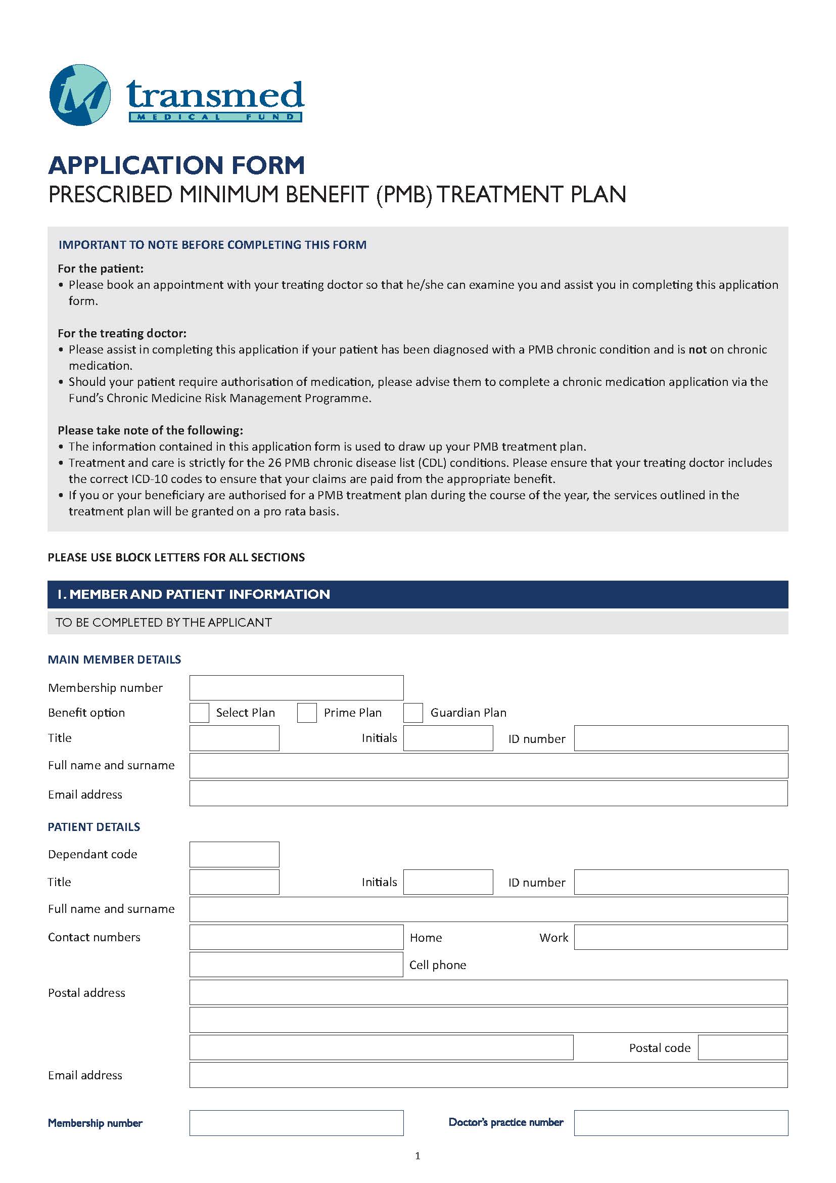 PMB treatment plan application form
